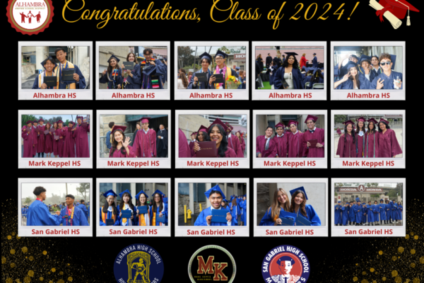 Collage of pictures from each of the three high school graduations at the Rose Bowl.