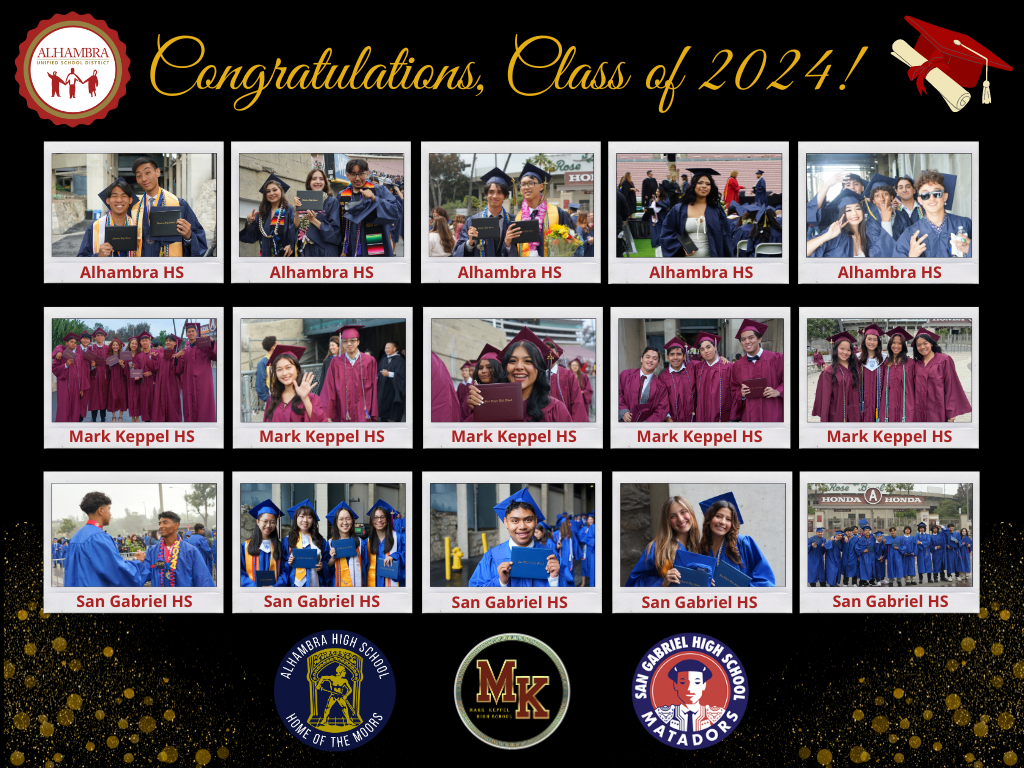 Collage of pictures from each of the three high school graduations at the Rose Bowl.