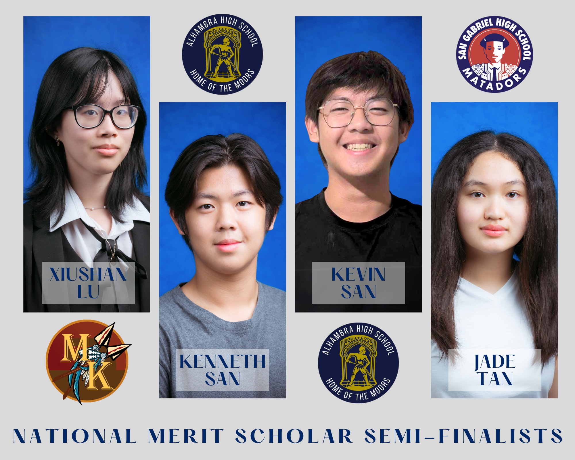 Xiushan Lu, Kenneth San, Kevin San, and Jade Tan will find out next spring if they will join more than 382,000 other distinguished young people who have earned the Merit Scholar title.