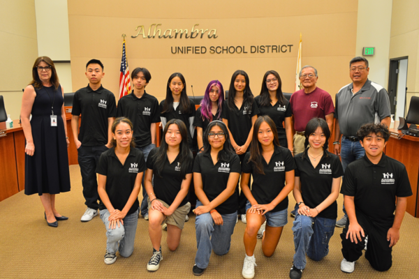 AUSD Student Advisory Council will be easy to identify when they are wearing their SAC shirts at their monthly meetings as well as at various district and community activities, where they will represent their schools and the District. (Front row, left to right: Keiko Rakin, Madison Kang, Mia Morales, Leslie Chu, Angelina Yip, and Kevin Tang. Back, left to right: Superintendent Dr. Denise Jaramillo, Justin Yu, Yingjie Liang, Emma Arroyo, Michelle Lim, Emma Huang, Jasmin Huang, and Board Members Bob Gin and Ken Tang.)