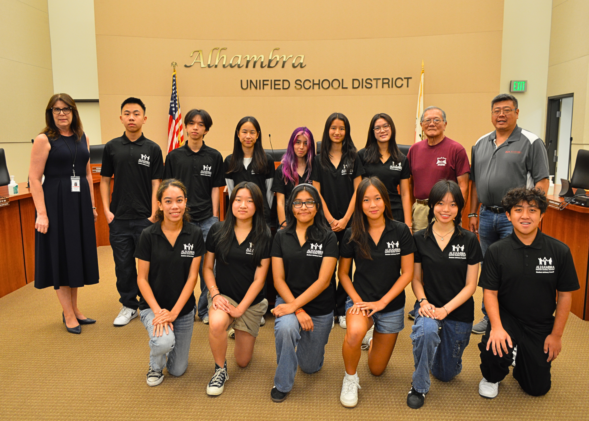 AUSD Student Advisory Council will be easy to identify when they are wearing their SAC shirts at their monthly meetings as well as at various district and community activities, where they will represent their schools and the District. (Front row, left to right: Keiko Rakin, Madison Kang, Mia Morales, Leslie Chu, Angelina Yip, and Kevin Tang. Back, left to right: Superintendent Dr. Denise Jaramillo, Justin Yu, Yingjie Liang, Emma Arroyo, Michelle Lim, Emma Huang, Jasmin Huang, and Board Members Bob Gin and Ken Tang.)