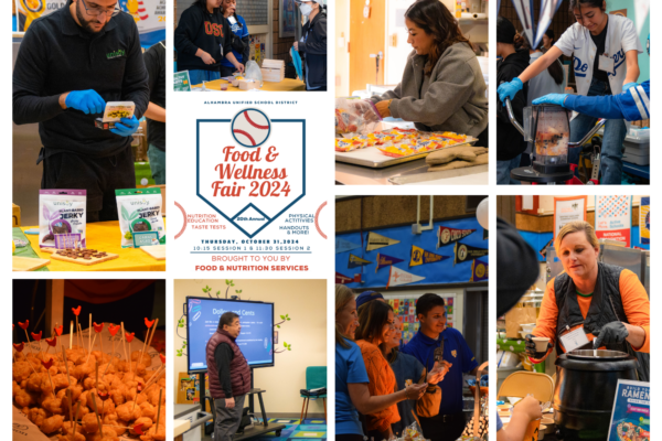 Participants in this year’s baseball-themed Food and Wellness Fair had a great time visiting the mini farmers market, learning about school meals, and sampling possible new menu items. (Photos: Suna Kwan & Grant Sapcharoenlert, AUSD Communications Interns )