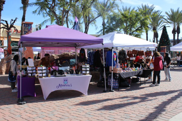 Two vendor booths with jewelry, stuffed animals, and purses.